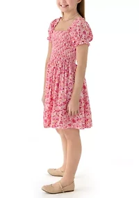Girls 7-16 Pink Smocked Printed Dress
