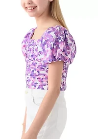 Girls 7-16 Puff Sleeve Floral Top