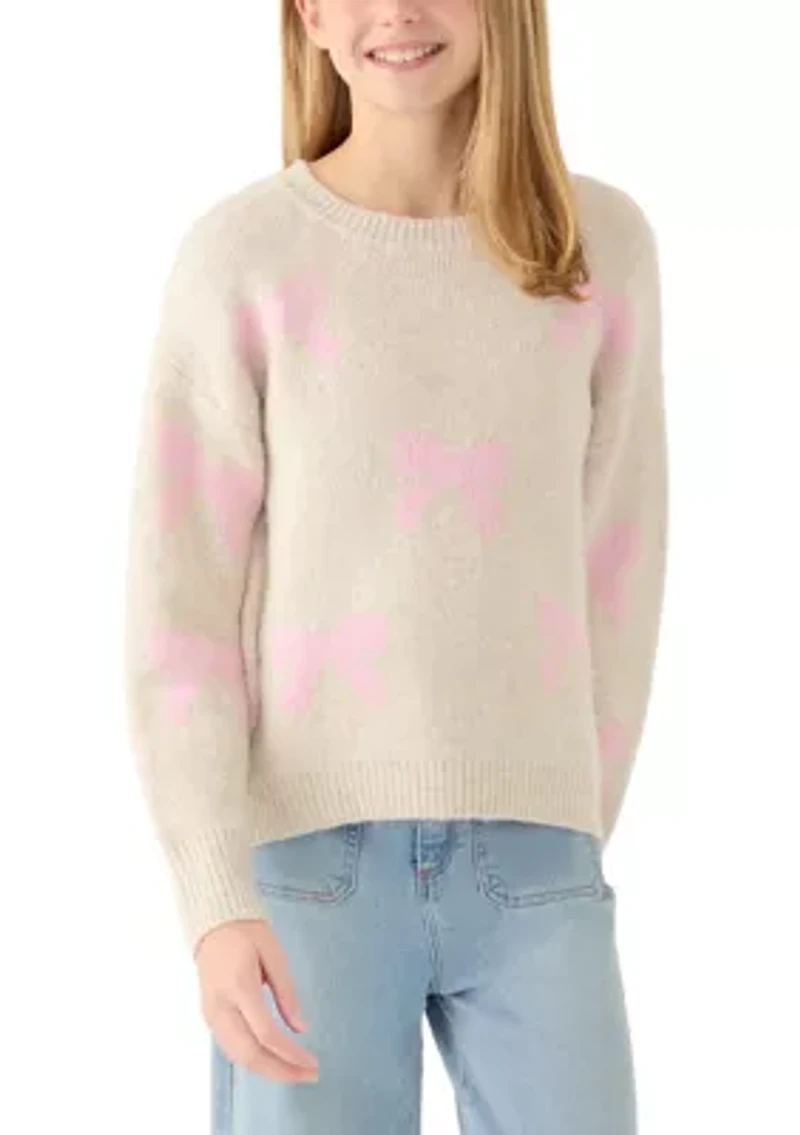 Girls 7-16 All Over Bow Crew Neck Sweater