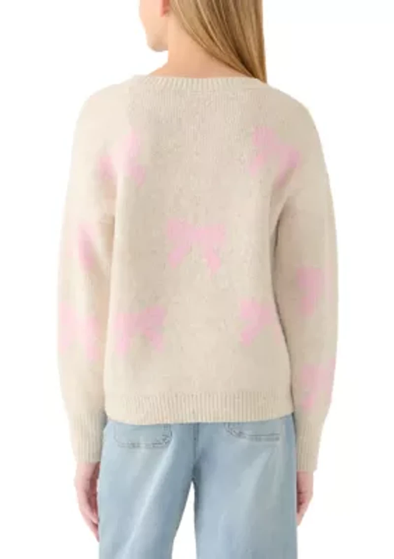 Girls 7-16 All Over Bow Crew Neck Sweater