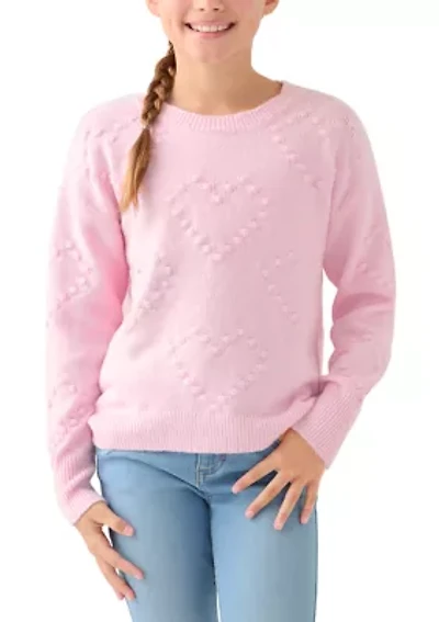 Girls 7-16 Pom Heart Crew Sweater
