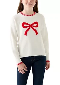 Girls 7-16 Bow Printed Crew Neck Sweater