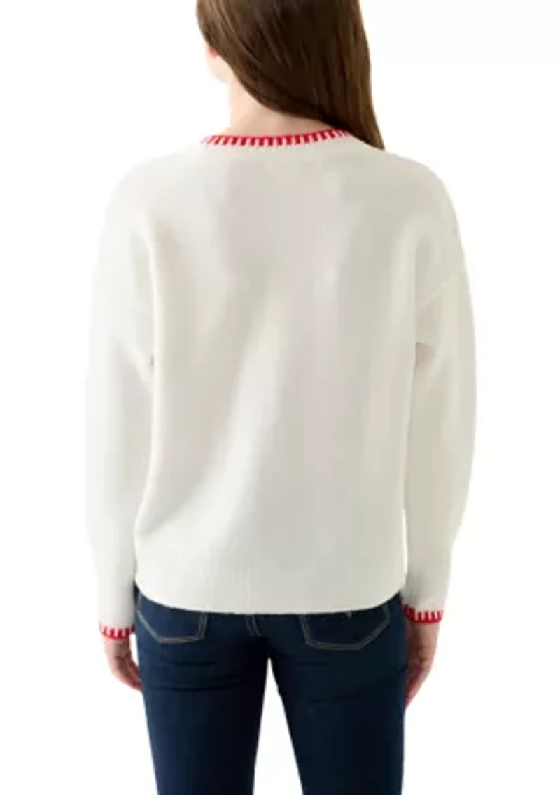 Girls 7-16 Bow Printed Crew Neck Sweater