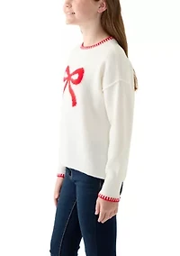 Girls 7-16 Bow Printed Crew Neck Sweater