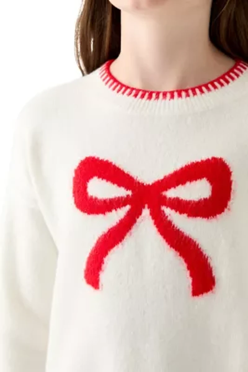 Girls 7-16 Bow Printed Crew Neck Sweater