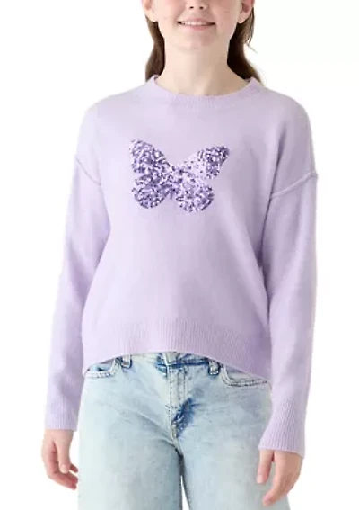 Girls 7-16 Sequin Butterfly Crew Neck Sweater