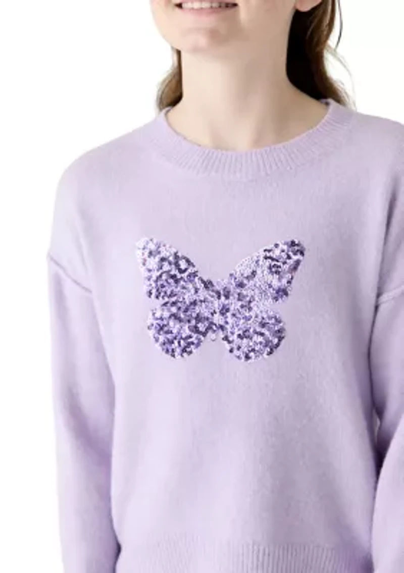 Girls 7-16 Sequin Butterfly Crew Neck Sweater