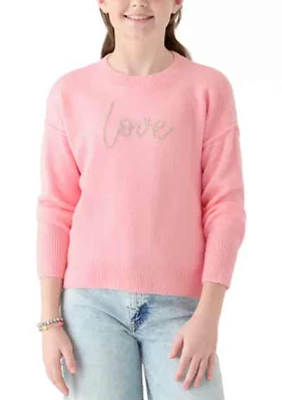 Girls 7-16 Beaded Love Crew Neck Sweater