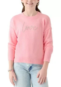 Girls 7-16 Beaded Love Crew Neck Sweater