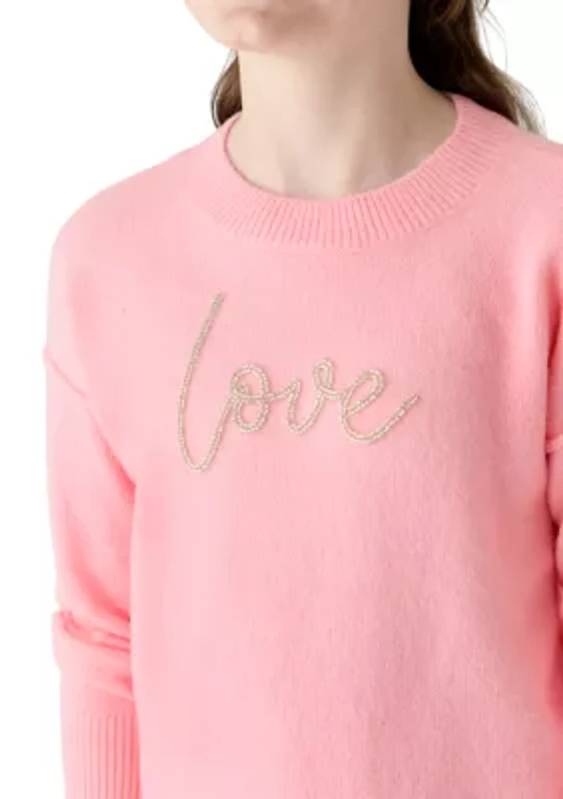 Girls 7-16 Beaded Love Crew Neck Sweater