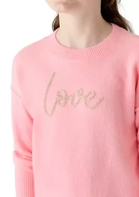 Girls 7-16 Beaded Love Crew Neck Sweater
