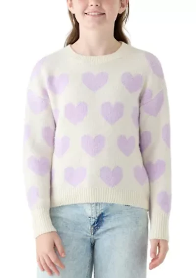 Girls 7-16 All Over Heart Crew Neck Sweater