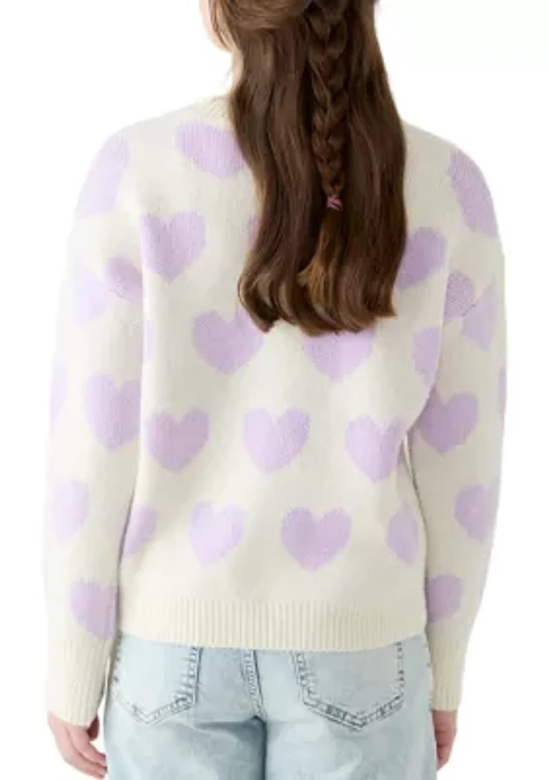 Girls 7-16 All Over Heart Crew Neck Sweater