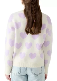 Girls 7-16 All Over Heart Crew Neck Sweater