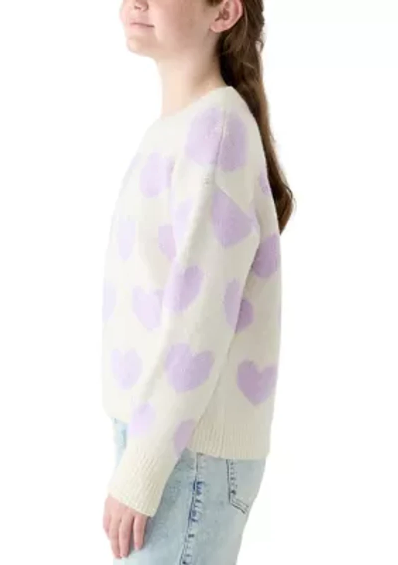 Girls 7-16 All Over Heart Crew Neck Sweater