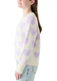 Girls 7-16 All Over Heart Crew Neck Sweater