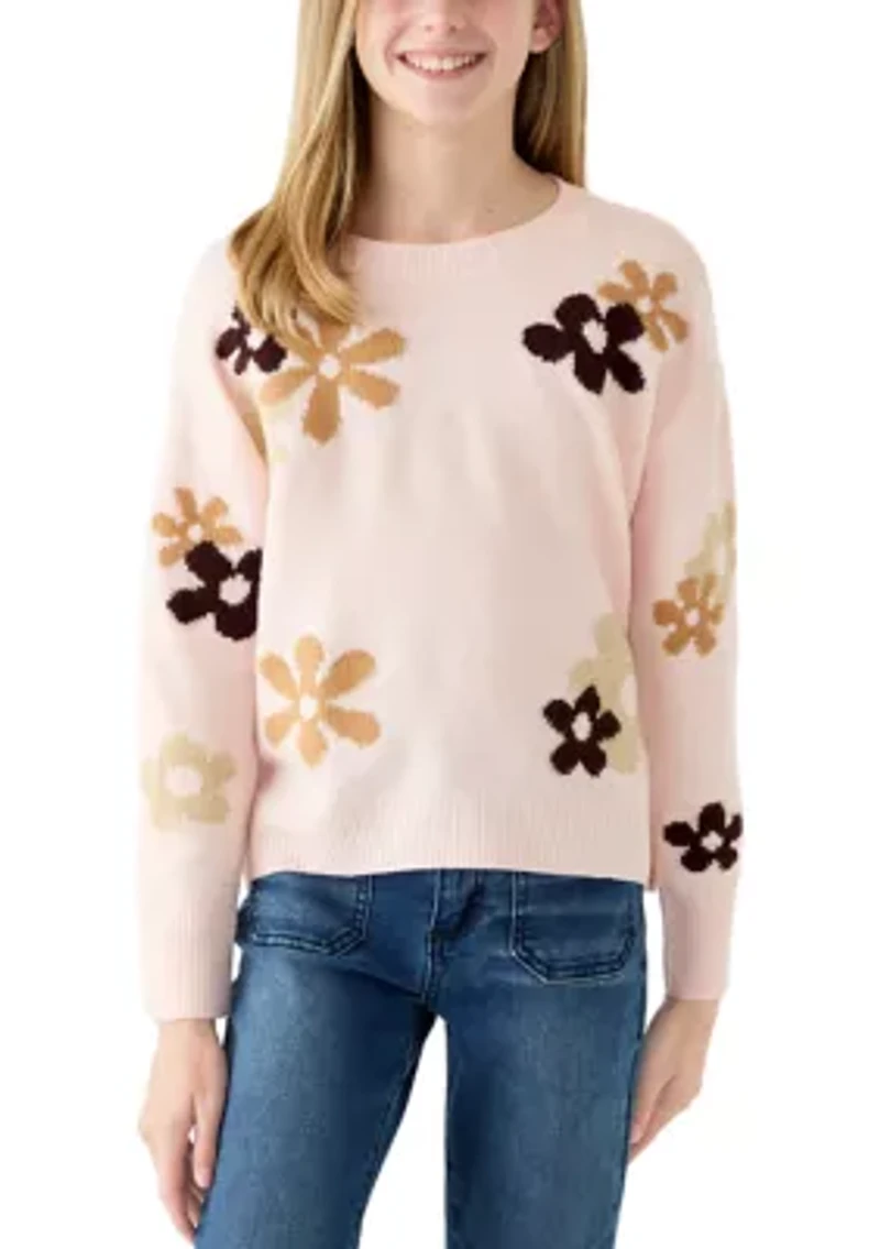 Girls 7-16 Floral Crew Neck Sweater