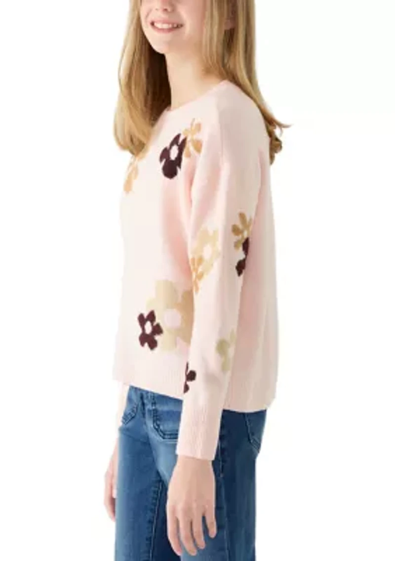 Girls 7-16 Floral Crew Neck Sweater