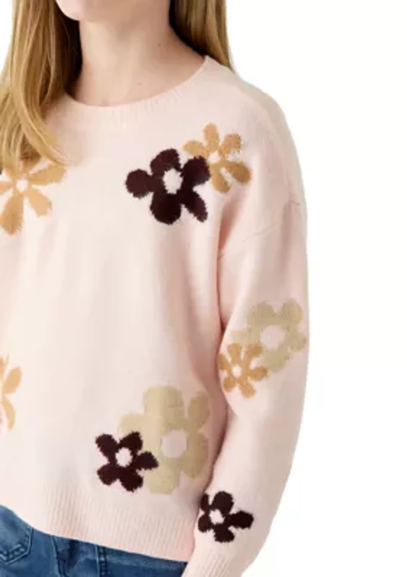 Girls 7-16 Floral Crew Neck Sweater