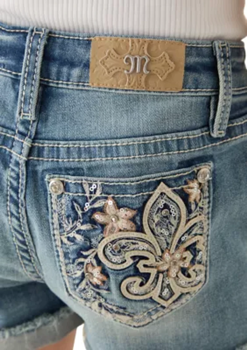 GIRLS 7-16 Fleur De Lis Denim Shorts