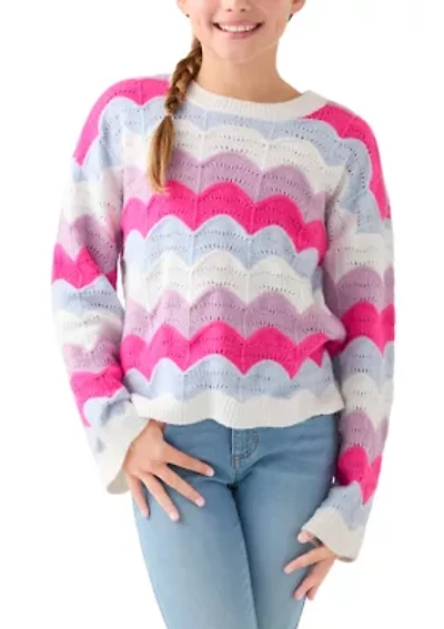 Girl 7-16 Scalloped Wave Stripe Sweater
