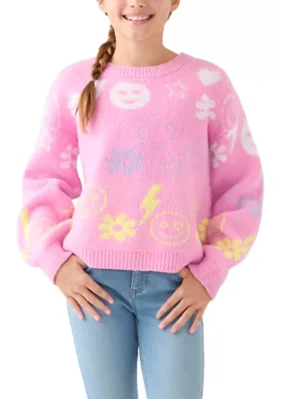 Girls 7-16 Icon Print Crew Sweater