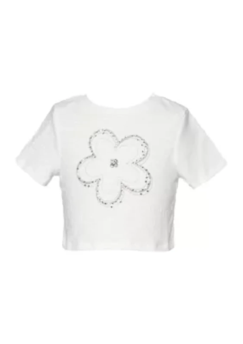 Girls 7-16 Short Sleeve Rhinestone Flower Crop Top