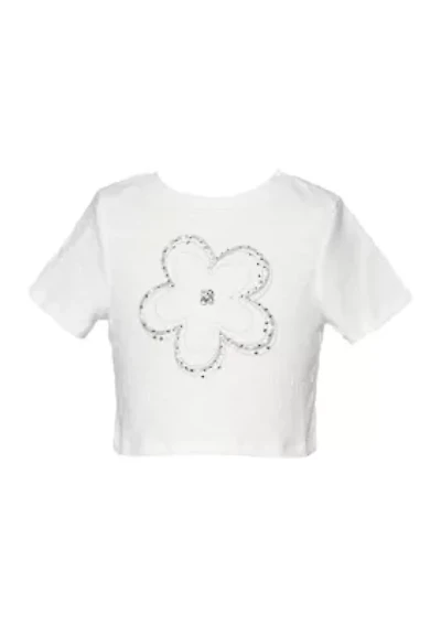 Girls 7-16 Short Sleeve Rhinestone Flower Crop Top