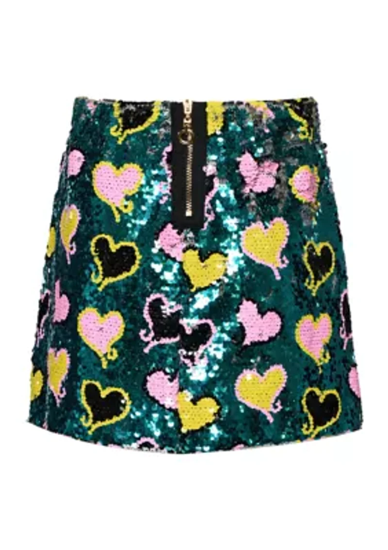 Girls 7-16 Sequined Heart Printed Skirt