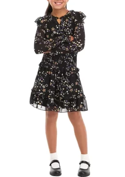 Girls 7-16 Long Sleeve Star Print Dress with Smocked Waist