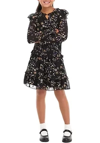 Girls 7-16 Long Sleeve Star Print Dress with Smocked Waist