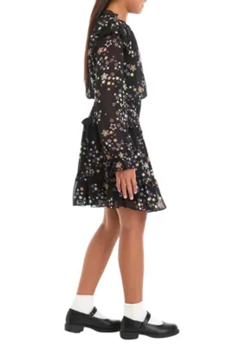 Girls 7-16 Long Sleeve Star Print Dress with Smocked Waist