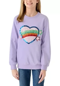 Girls 7-16 Heart Stars On Crewneck Sweater