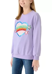 Girls 7-16 Heart Stars On Crewneck Sweater
