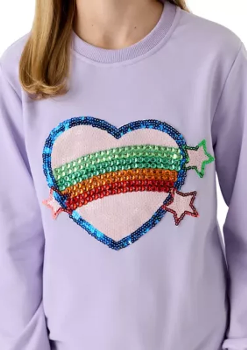 Girls 7-16 Heart Stars On Crewneck Sweater