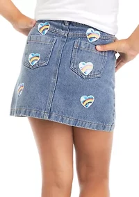 Girls 7-16 Denim Cargo Skort with Heart Appliqués