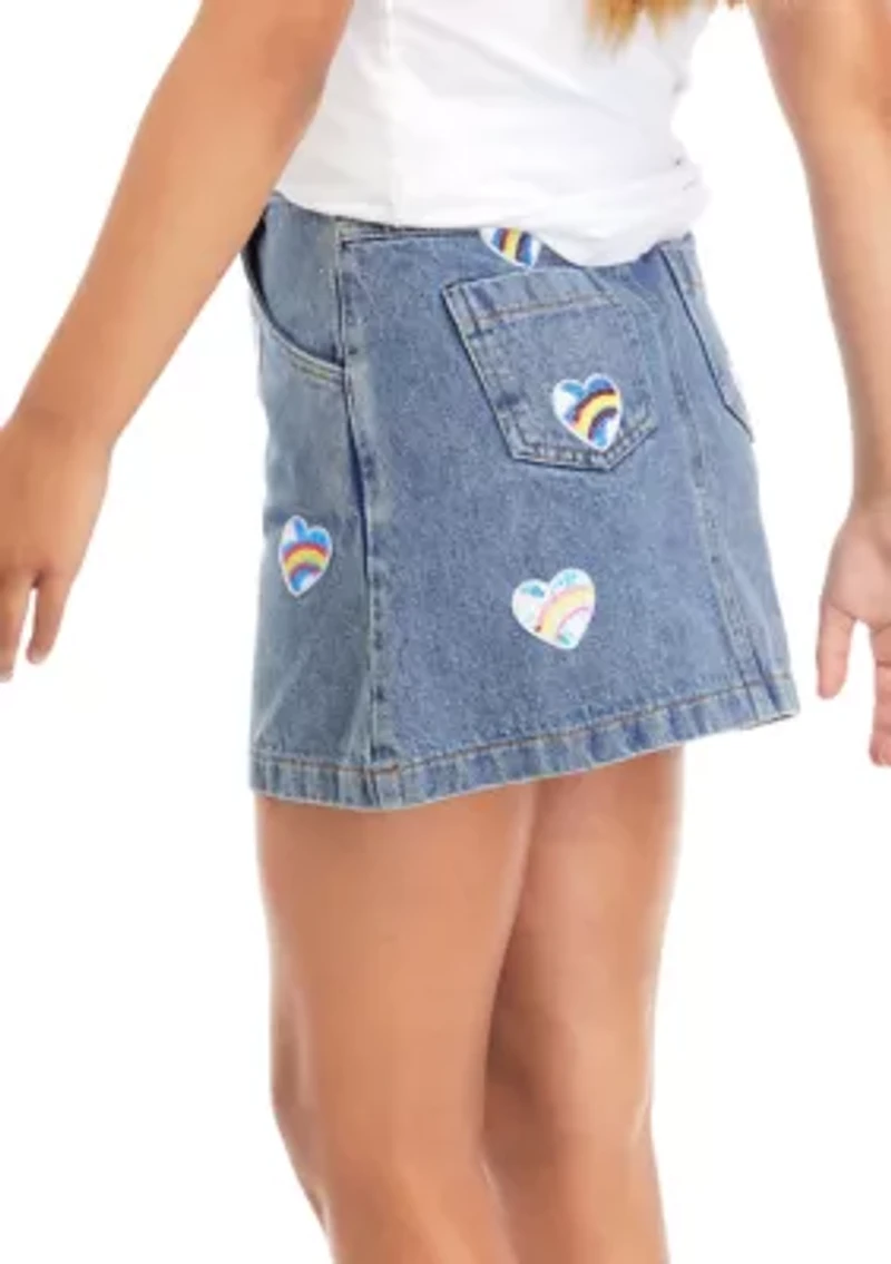 Girls 7-16 Denim Cargo Skort with Heart Appliqués