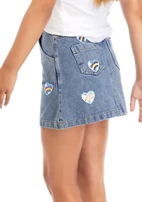 Girls 7-16 Denim Cargo Skort with Heart Appliqués
