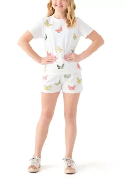 Girls 7-16 Butterfly Sequin Printed Top and Shorts Set