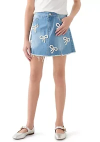 Girls 7-16 Bows Denim Skirt with Seams