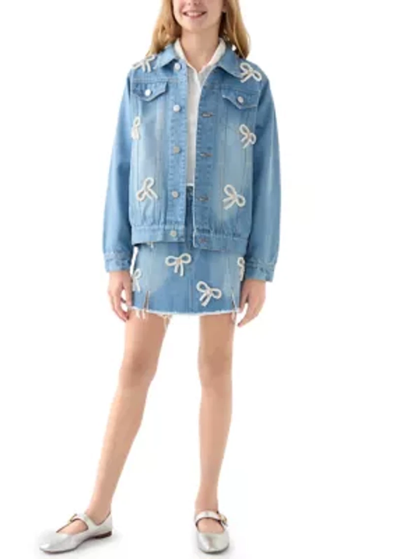 Girls 7-16 Bows Denim Skirt with Seams
