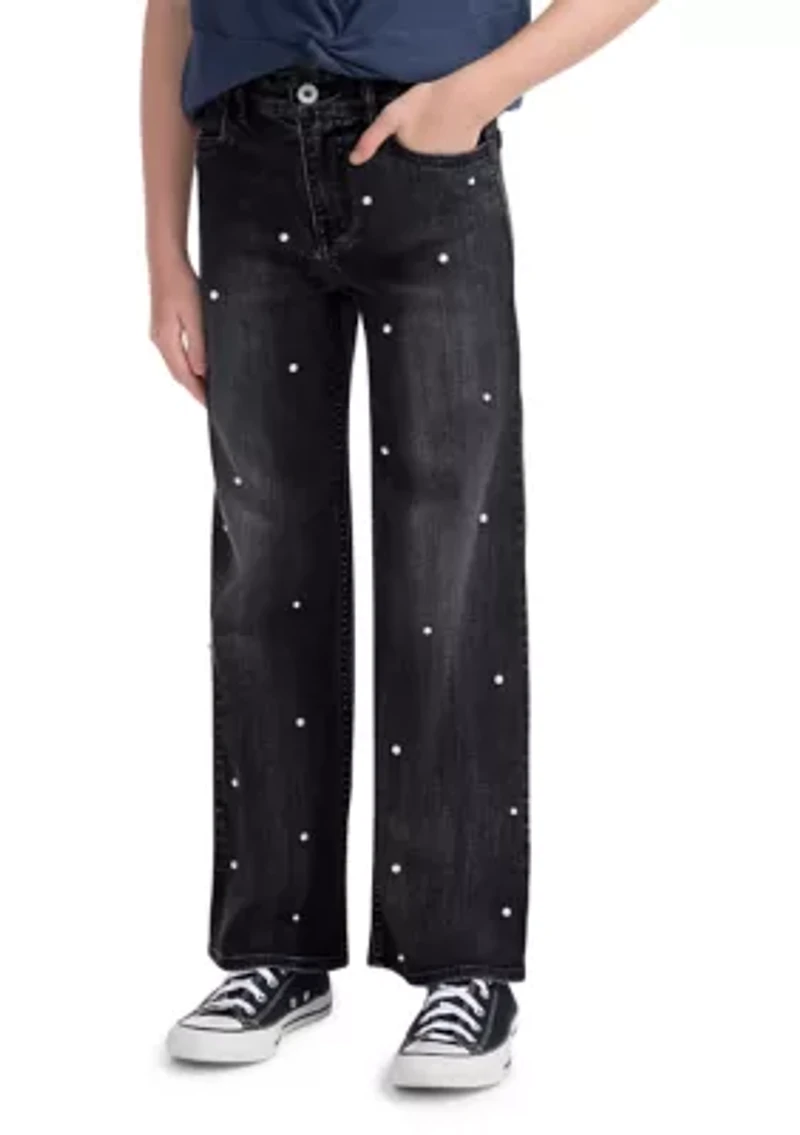 high rise wide leg embellished jeans