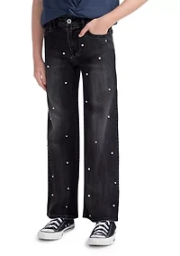 high rise wide leg embellished jeans