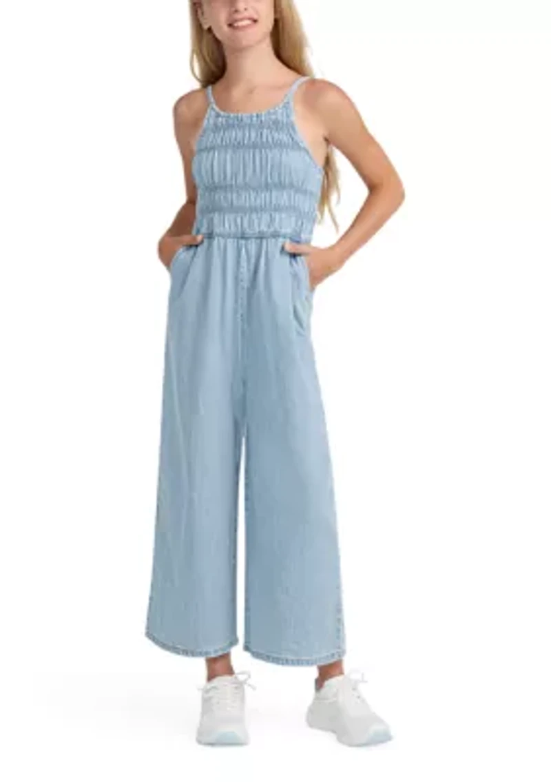 high neck denim jumpsuit