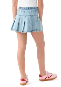 pleated tab denim skort