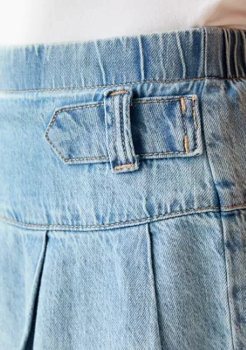 pleated tab denim skort