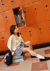 pleated tab denim skort