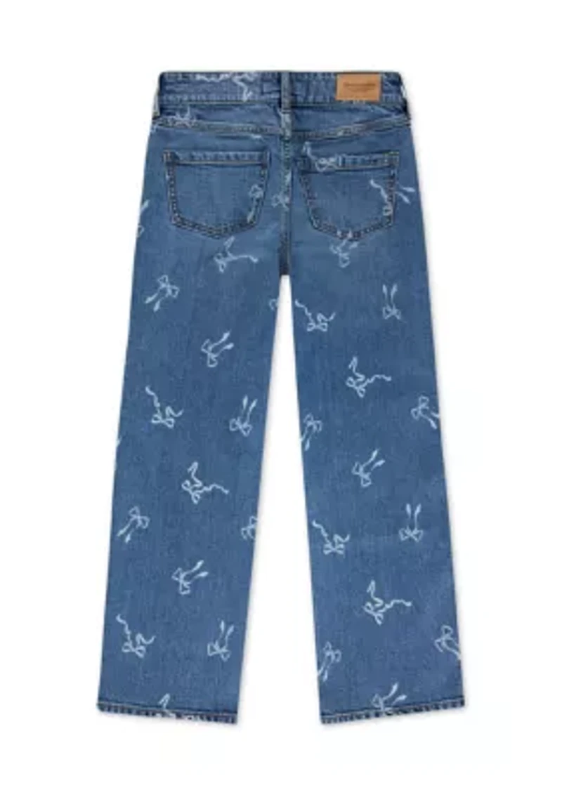 high waist wide leg bow print jeans