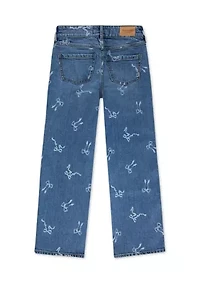 high waist wide leg bow print jeans