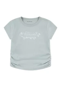 floral scripted short sleeve ruched t-shirt